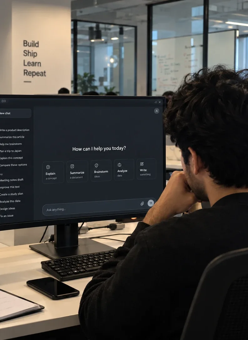 Someone at their desk in an open-plan office, working with an AI assistant on screen.