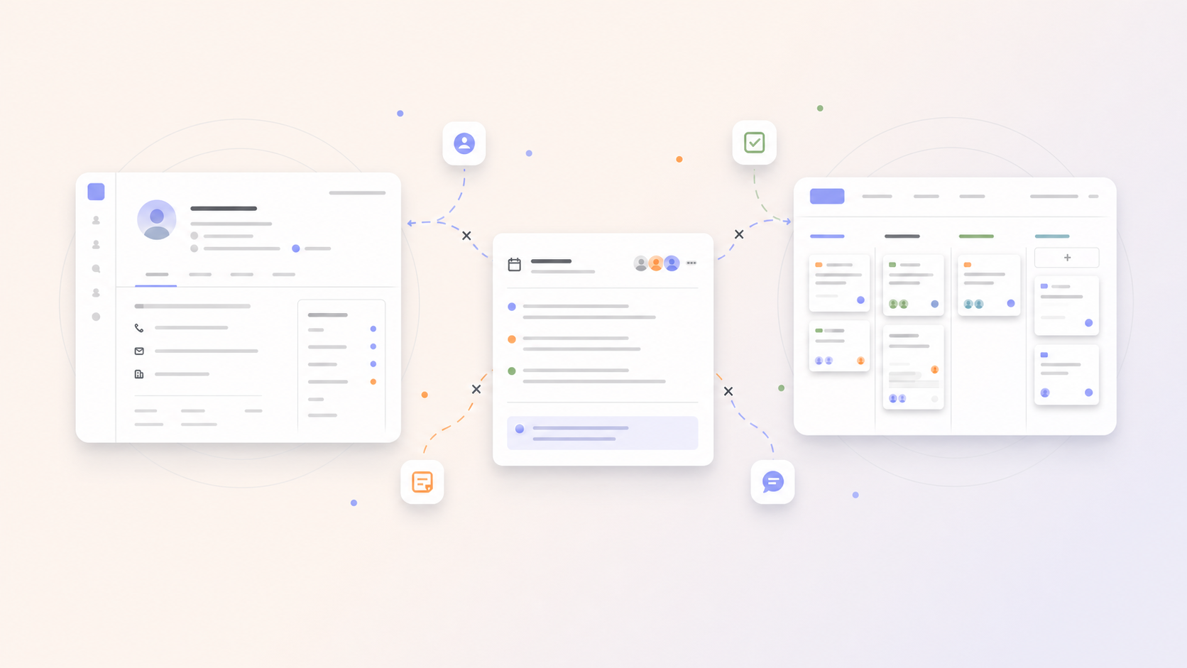 Disconnected CRM, meeting, and project interfaces each holding separate pieces of the same work
